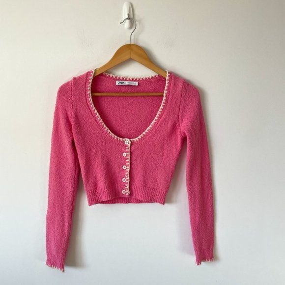 Zara Cropped Knit Crochet Trim Button Sweater Cardigan Pink Sz Small - Picture 4 of 8